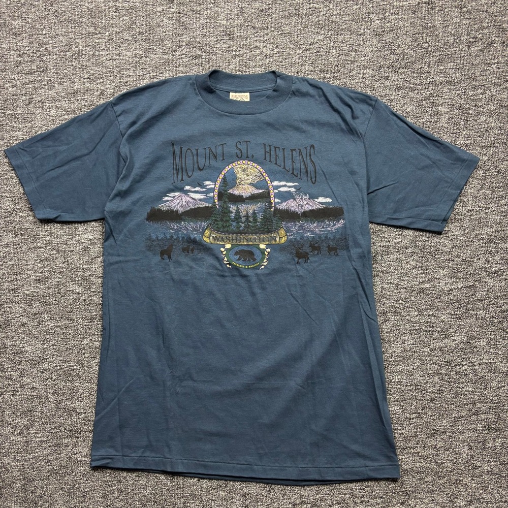 Vintage 1990s Prairie Mountain Mount St. Helens Graphic Blue T-Shirt Size Large